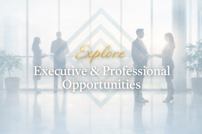 Executive and professional career opportunities background with business professionals networking in a modern office and Tait Consulting logo watermark